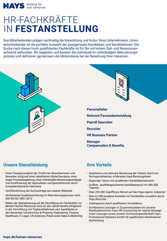 Hays Factsheet Festanstellungen im Bereich Human Resources