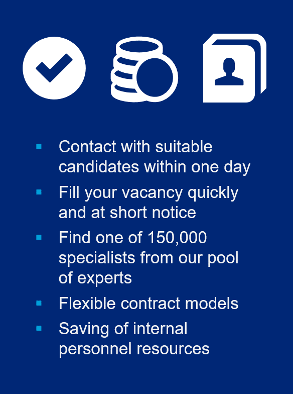 Left: Money, contact details, and tick icon in white on a blue background. Right centre: White text with cyan bullet points: Contact with suitable candidates within one day. Fill your vacancy quickly and at short notice. Find one of 150,000 specialists from our pool of experts. Flexible contract models. Saving of internal personnel resources.