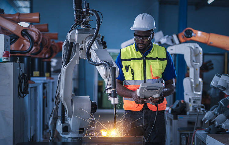 Junger Ingenieur bedient einen Schweiß-Roboter